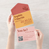 夏の明るい鮮やかピンクの黄色の結婚写真 オールインワン招待状 (貼ってはがせる)