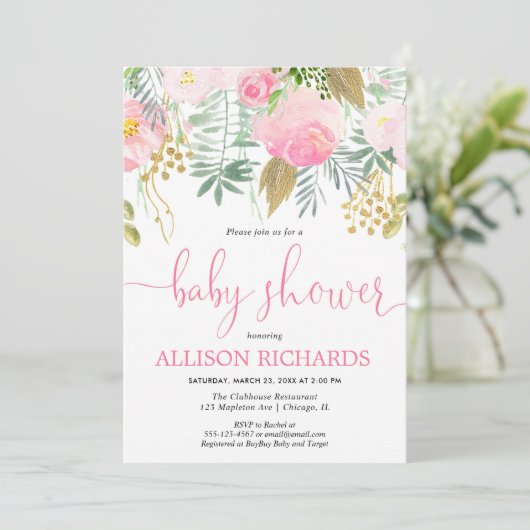 夏の春ピンクの金ゴールド女の子の赤ちゃんシャワー 招待状 (スタンド正面)