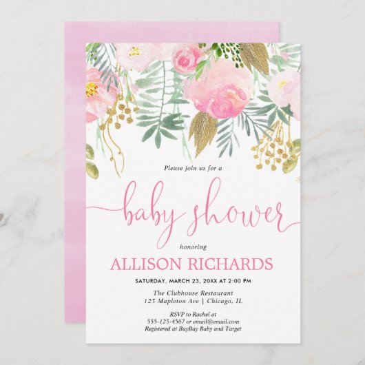夏の春ピンクの金ゴールド女の子の赤ちゃんシャワー 招待状 (正面/裏面)