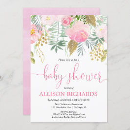 夏の春ピンクの金ゴールド女の子の赤ちゃんシャワー 招待状