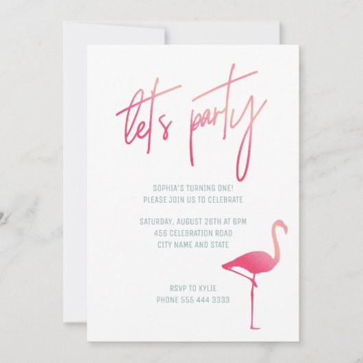 夏の最初の誕生日ピンク&ミントフラミンゴ招待状 招待状 (正面)