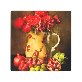 夏の果実が花瓶の赤い花を囲む メタルプリント