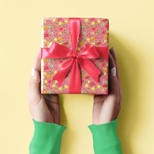 夏の果実のパターン |バラピンク ラッピングペーパー