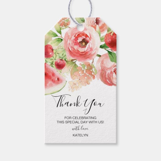 夏の果物と緑の誕生日またはベビーシャワー ギフトタグ (正面)