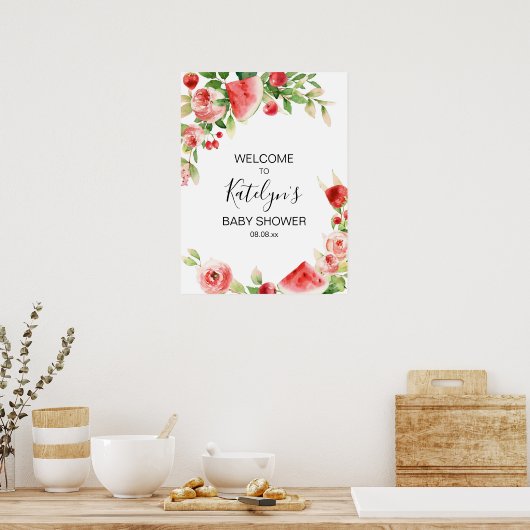 夏の果物と緑の赤ちゃんシャワー歓迎サイン ポスター (キッチン)