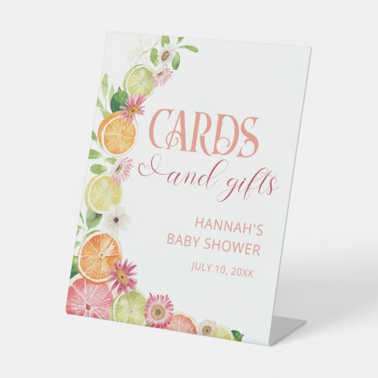 夏の柑橘系ベビーシャワーカードとギフト 台座サイン (正面)
