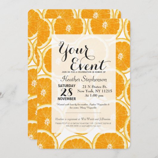 夏の柑橘類のオレンジの切れ 招待状 (正面/裏面)