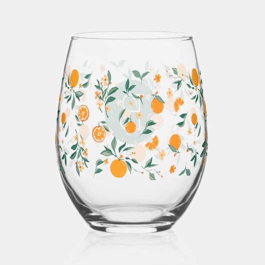 夏の柑橘類オレンジ&葉モノグラム ステムなしワイングラス (裏面)