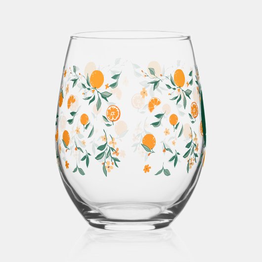 夏の柑橘類オレンジ&葉モノグラム ステムなしワイングラス (右)