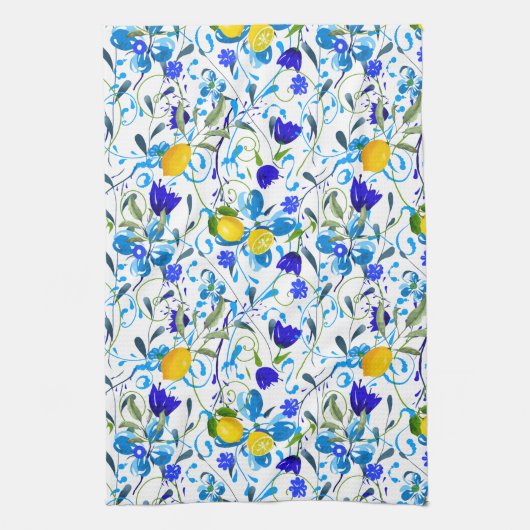 夏の柑橘類,レモン,フローラ 地中海の キッチンタオル (縦)