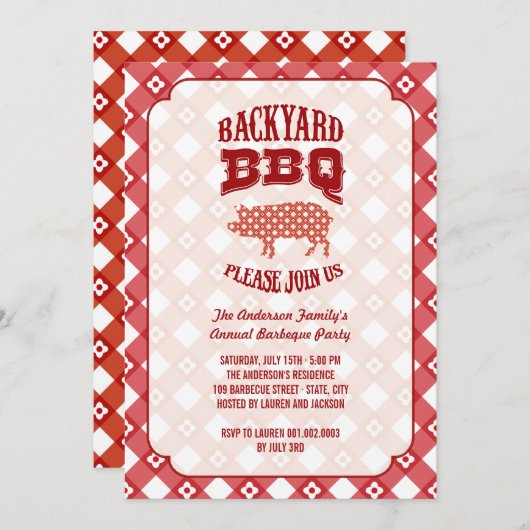 夏の格子縞のブタのローストの裏庭のバーベキューBBQのパーティー 招待状 (正面/裏面)
