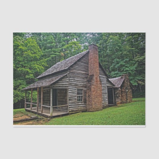 夏の森の中の木とレンガの小屋 薄葉紙 (正面)