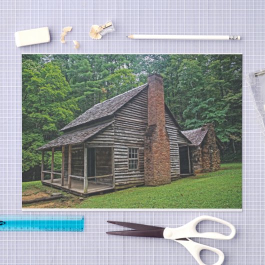 夏の森の中の木とレンガの小屋 薄葉紙 (クラフト)