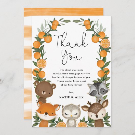 夏の森の動物たちオレンジのかんきつのベビーシャワー サンキューカード (正面/裏面)