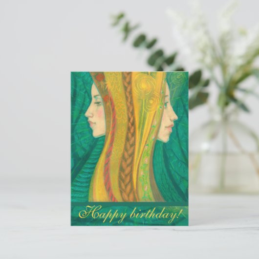 夏の森の幻想アート、誕生日おめでとう ポストカード (スタンド正面)