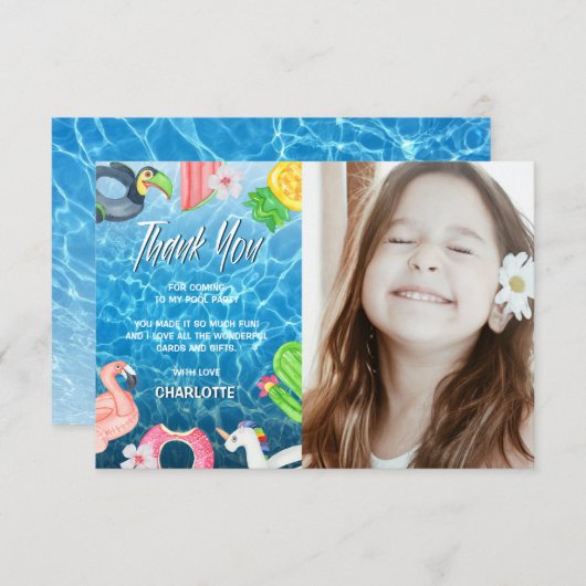 夏の楽しいプール誕生日パーティーの写真 サンキューカード (正面/裏面)