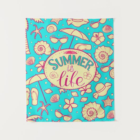 夏の模様(ターコイズ背景):傘 タペストリー (正面)