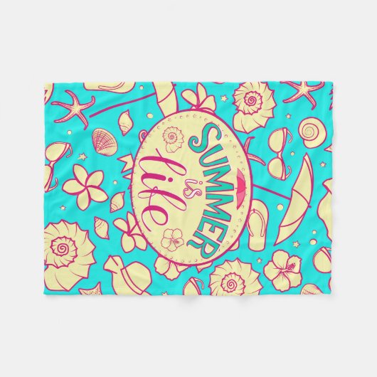 夏の模様(ターコイズ背景):傘 フリースブランケット (正面(横))