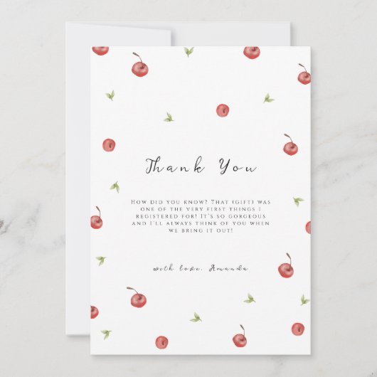 夏の水の色のさくらんぼ甘い赤ちゃんシャワー サンキューカード (正面)