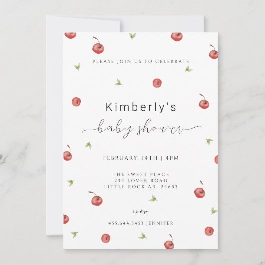 夏の水の色のさくらんぼ甘い赤ちゃんシャワー 招待状 (正面)