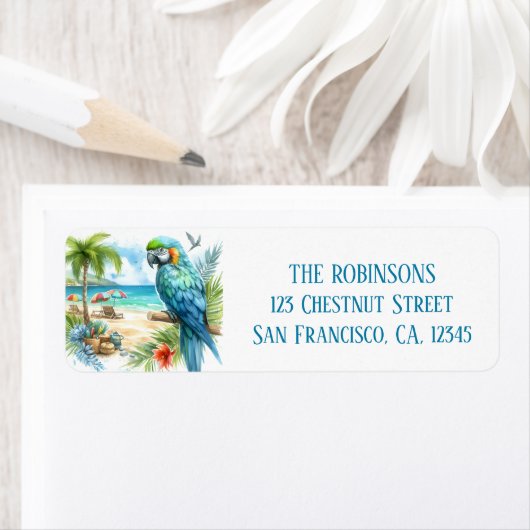 夏の水の色のオウムのビーチ ラベル (インサイチュ)