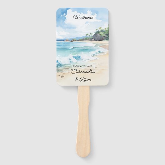 夏の水の色のビーチ結婚式歓迎の旅程 ハンドファン (正面)