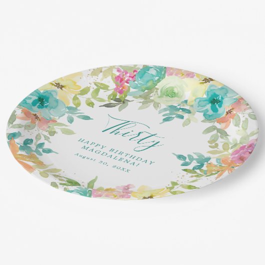 夏の水の色のフローラカスタム30th誕生日 ペーパープレート (アングル)