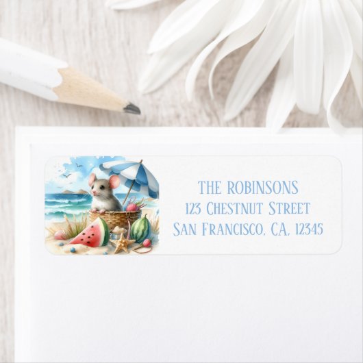 夏の水の色のマウスのビーチ ラベル (インサイチュ)