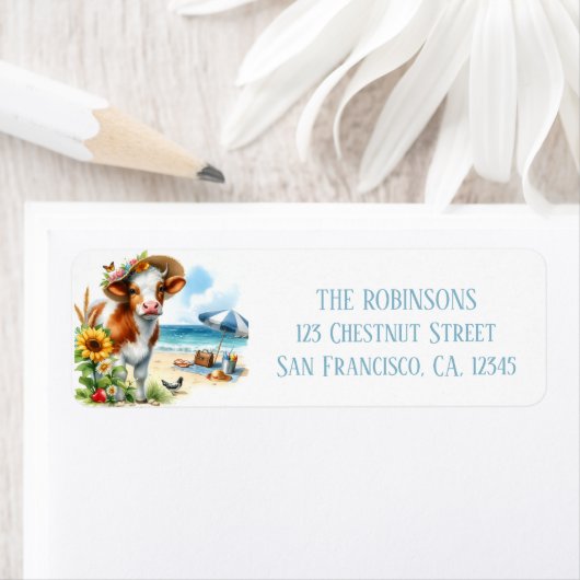 夏の水の色の牛のビーチ ラベル (インサイチュ)