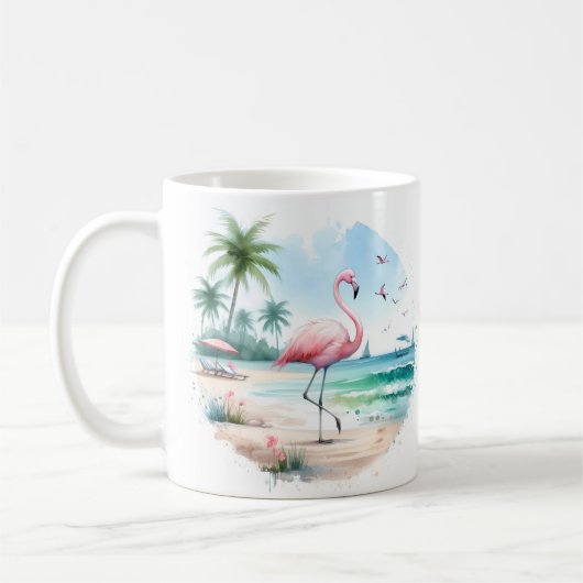 夏の水の色フラミンゴオンビーチ コーヒーマグカップ (左)