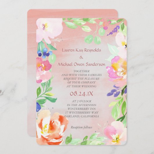 夏の水カラーフローラ結婚フレーム 招待状 (正面/裏面)