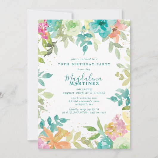 夏の水彩フローラ70th誕生日パーティー 招待状 (正面)