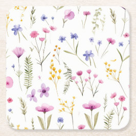 夏の水彩ワイルドフラワー スクエアペーパーコースター