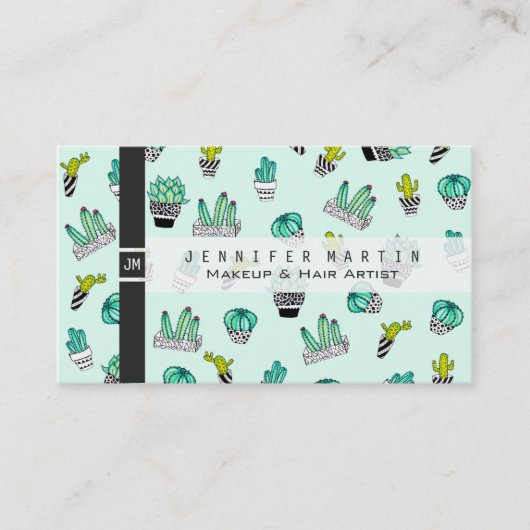 夏の水彩画のサボテンの白黒ポット 名刺 (正面)