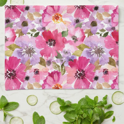 夏の水彩画の花柄パターン キッチンタオル (折り畳み)