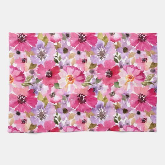 夏の水彩画の花柄パターン キッチンタオル (横)