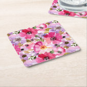 夏の水彩画の花柄パターン スクエアペーパーコースター (アングル)