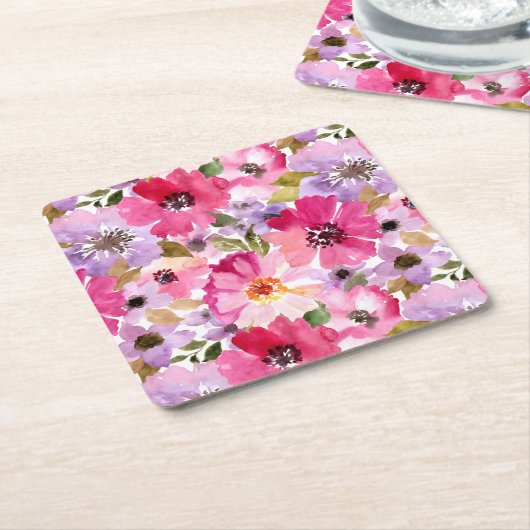 夏の水彩画の花柄パターン スクエアペーパーコースター (アングル)