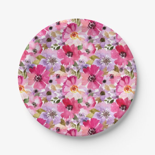 夏の水彩画の花柄パターン ペーパープレート (正面)