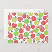 夏の水彩画の赤い緑のりんごのフルーツパターン ポストカード (正面/裏面)