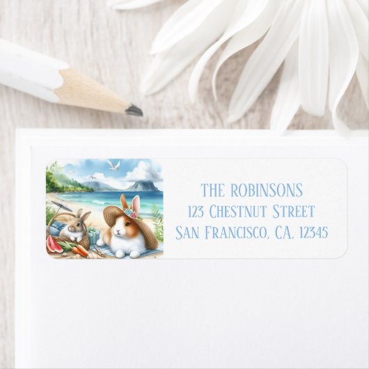 夏の水色のウサギのビーチ ラベル (インサイチュ)