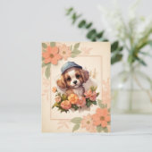 夏の水色の子犬 – フローラフレーム –  ポストカード (スタンド正面)