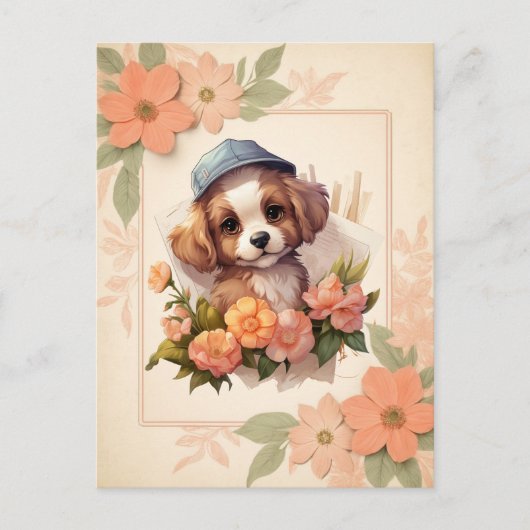 夏の水色の子犬 – フローラフレーム –  ポストカード (正面)