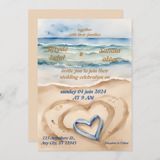 夏の水色ビーチ海ブルー結婚ズ 招待状 (正面/裏面)