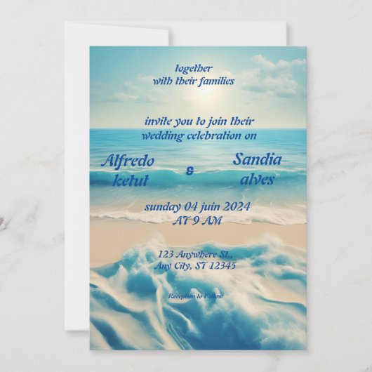 夏の水色ビーチ海ブルー結婚ズ 招待状 (正面)