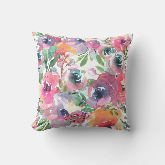 夏の水色フローラインディゴレッドピンクオレンジ アウトドアクッション (正面)