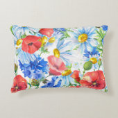 夏の水色フローラブルーレッドイエロー アクセントクッション (正面)