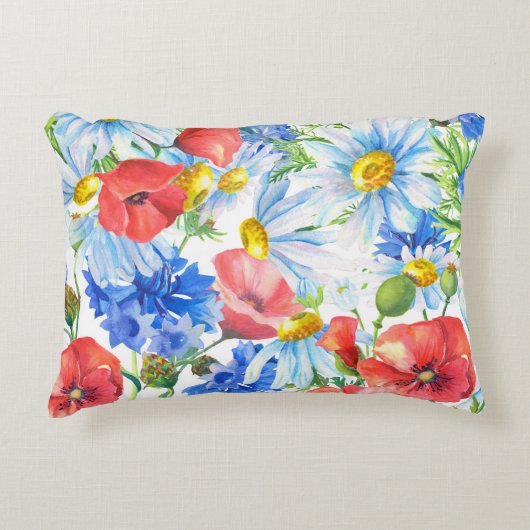 夏の水色フローラブルーレッドイエロー アクセントクッション (正面)