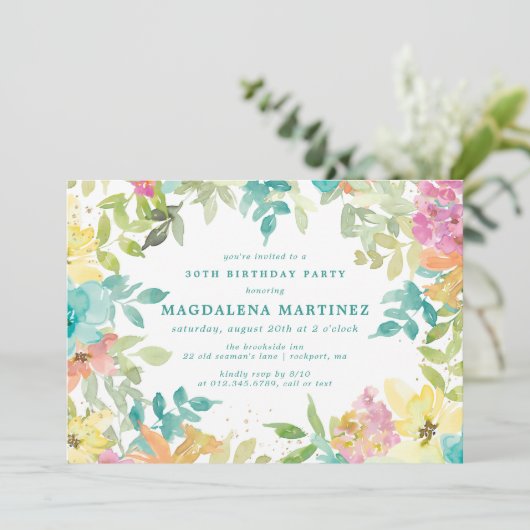 夏の水色フローラ30th誕生日パーティー 招待状 (スタンド正面)