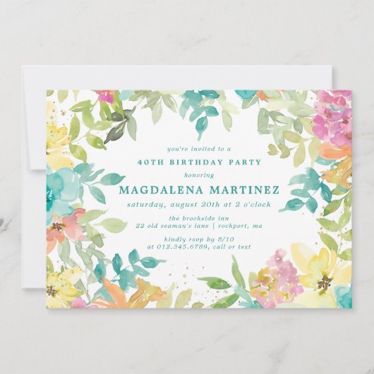 夏の水色フローラ40th誕生日パーティー 招待状 (正面)